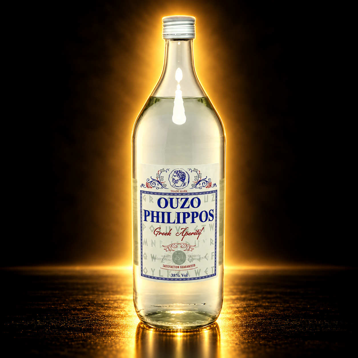 Ouzo Philippos – шише узо во златно осветлување