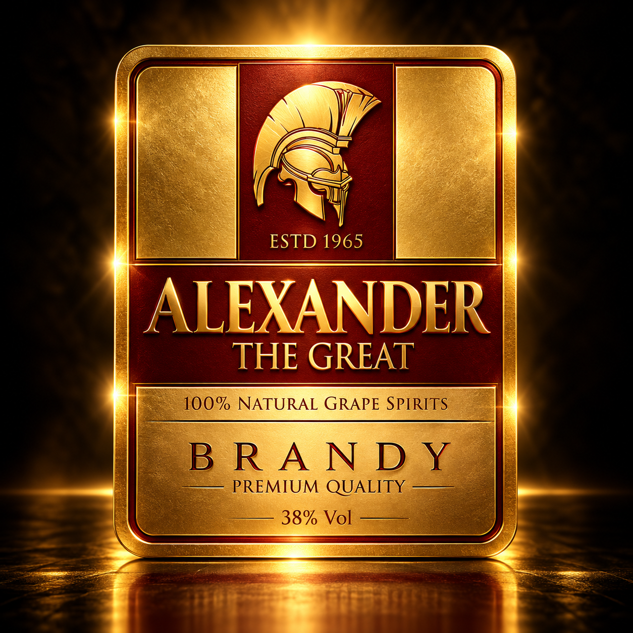 Златна и бордо етикета на бренди Alexander the Great